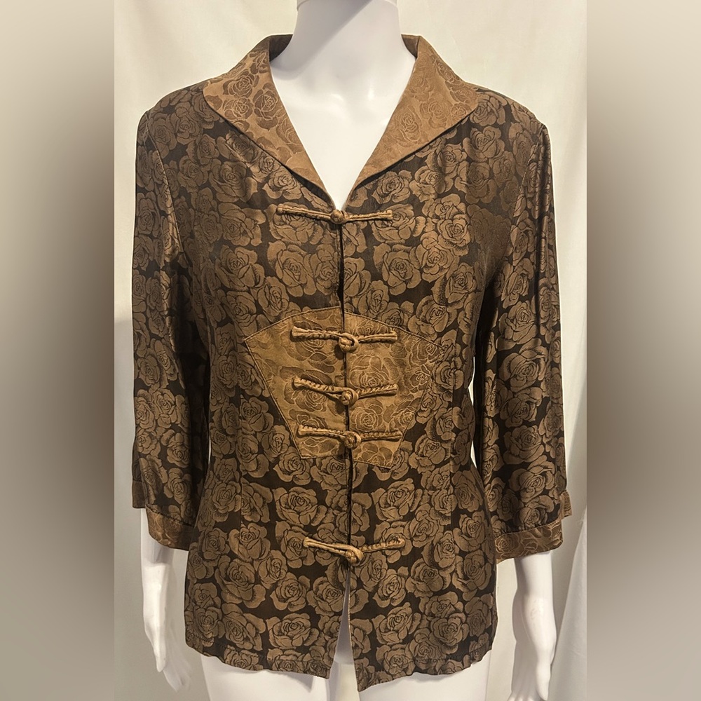Rare Vintage Steampunk Victorian Asian Inspired XL Floral Gold Brocade Blouse